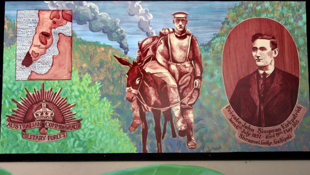 Mural of Simpson and his donkey at the Dapto Ribbonwood Centre: "In death, he found a grace he never enjoyed in life," says journalist Les Carlyon.