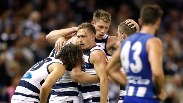 Cat burglars: Joel Selwood and his Geelong side stole the show in a gripping contest at Etihad.