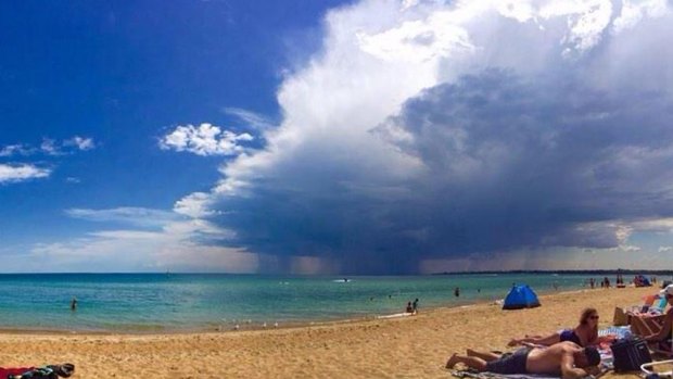 Storm clouds roll in over the bay at Mordialloc.