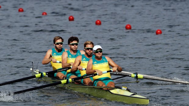 William Lockwood, Joshua Dunkley-Smith, Joshua Booth and Alexander Hill, of Australia, compete in the men's rowing four semi-final.