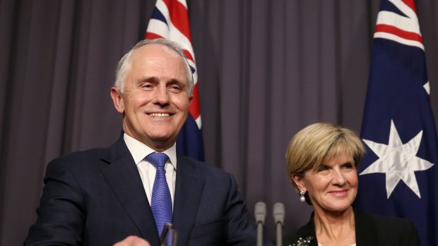 Prime Minister-designate Malcolm Turnbull and Deputy Leader Julie Bishop address the media at Parliament House in Canberra following Monday's Liberal leadership ballot.