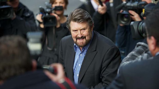 3AW's Derryn Hinch outside the Melbourne Magistrates Court in June.
