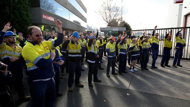 Hundreds of shipbuilders protest outside the BAE shipyards in Williamstown.