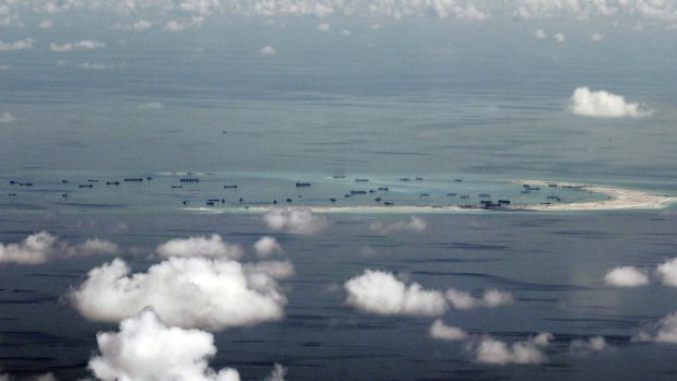 Land reclamation of Mischief Reef in the Spratly Islands in the South China Sea. 