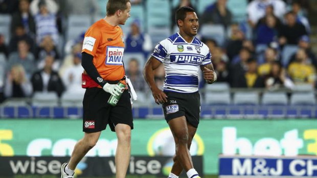 Home truths: Ben Barba of the Bulldogs leaves the field against the Eels.