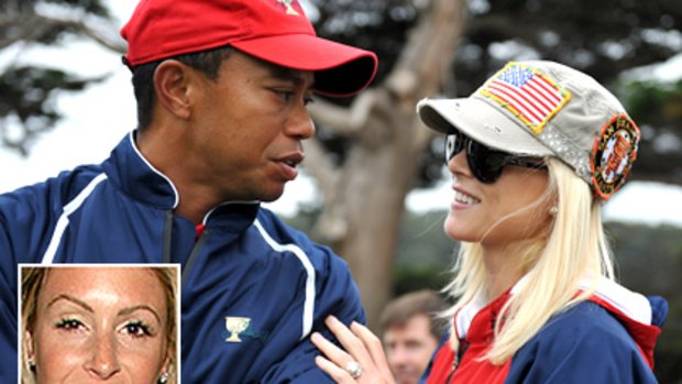 Tiger Woods with wife Elin Nordegren. Nightclub hostess Rachel Uchitel (inset) says reports she had an affair with Wood in Melbourne are 'ridiculous'.