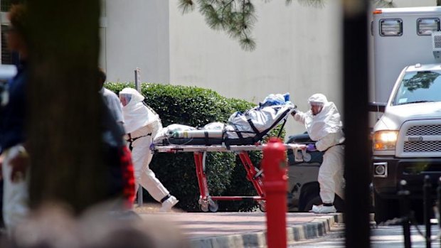 Nancy Writebol, an American aid worker from North Carolina who was infected with the Ebola virus while working in Liberia, arrives at Emory University Hospital in Atlanta.