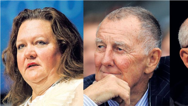 In the middle: John  Singleton (centre) shares an affinity with both Gina Rinehart and Fairfax chairman Roger Corbett.