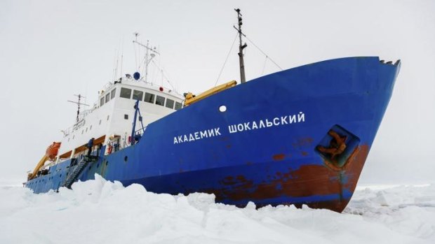 New Years's on ice: the Russian ship MV Akademik Shokalskiy is trapped in thick Antarctic ice 1500 nautical miles south of Hobart, Australia.
