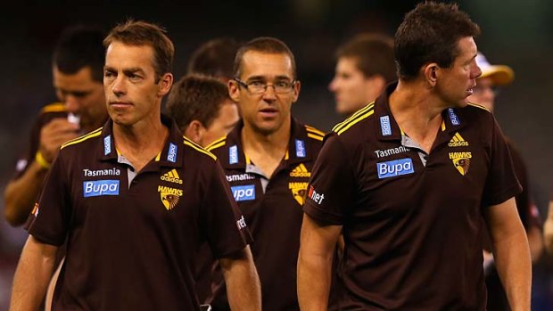 Alastair Clarkson with Hawthorn coaching staff on Friday night.