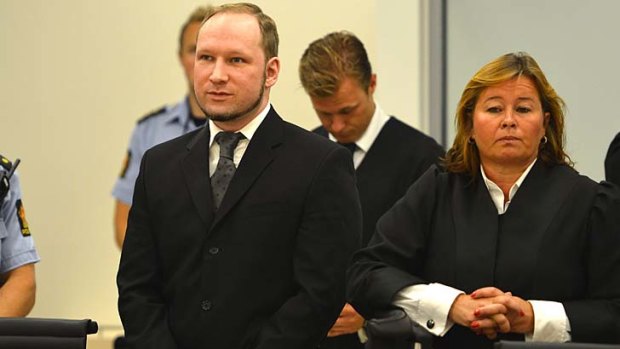Self-confessed mass murderer Anders Behring Breivik arrives in court.