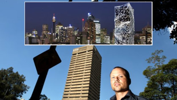 ‘‘Monolithic concrete box’’  ... the Sydney architect Chris Bosse in front of the Ultimo tower. He says it deserves to be brought up to date. Above, how the building could look.