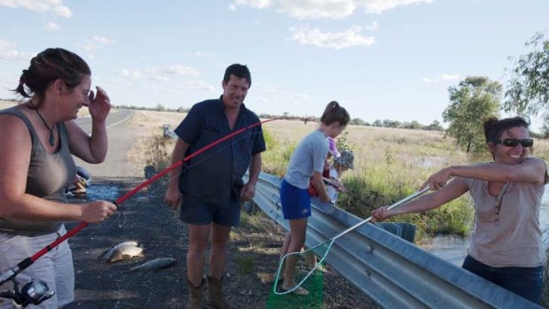 Gone fishing &#8230; the Mattiske and Peasely families have set up camp at the side of the Newell Highway.