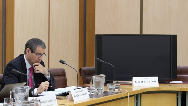 Black screen: Senator Stephen Conroy and the monitor for the failed video link for Senator Scott Ludlam. Senator Lundlam continued to ask questions of NBN Co chief Dr Ziggy Switkowski via phone.