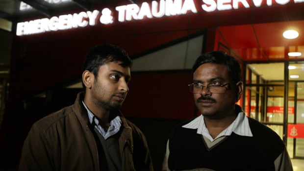 Shravan Kumar's cousin Lakshmi Narafimha, and uncle Srinivasu Therthala visit him at Royal Melbourne Hospital.
