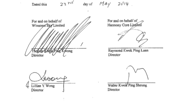 Thomas Kwok signed for his Winsome Sky Ltd, and Raymond Kwok signed for his Harmony Core Ltd, the two British Virgin Islands companies through which the Kwok brothers secretly continue to control their offshore empire including Wilson Parking and Wilson Security in Australia