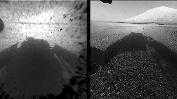 n image comparison showing a view through a Hazard-Avoidance camera on NASA's Curiosity rover before and after the clear dust cover was removed.