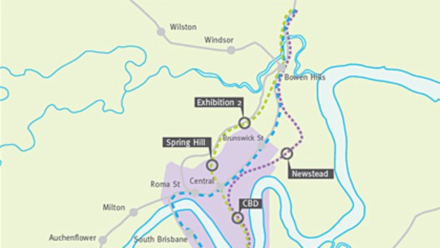 The new rail line (in green) was one of three routes proposed as part of the Cross River Rail study. <B><A href= http://www.brisbanetimes.com.au/2009/corridor_map.pdf > CLICK HERE FOR A LARGER VERSION</a></b>