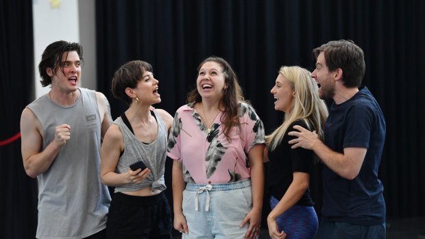 Maxwell Simon (left), Laura Bunting, Natalie Abbott, Jaime Hadwen and  Evan Lever  in rehearsals for Muriel's Wedding the Musical.