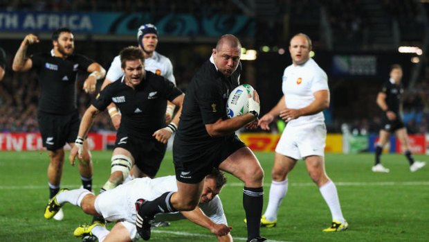 Tony Woodcock scores the opening try for the All Blacks. The host nation won by the barest of margins to claim its second rugby world cup after 24 years.
