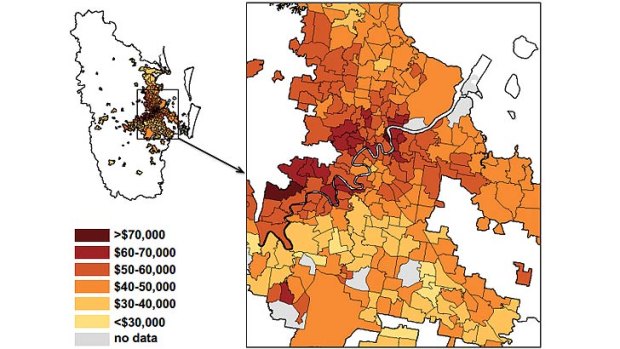 A map showing the median income (for residents aged 25-65) in Brisbane in 2011.
