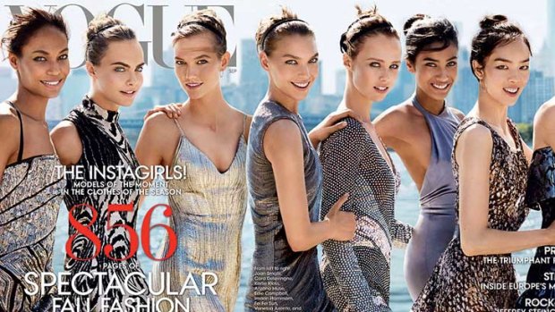 Vogue's 2014 September issue cover. The extended version of the cover features Joan Smalls, Cara Delevingne, Karlie Kloss, Arizona Muse, Edie Campbell, Imaan Hammam, Fei Fei Sun, Vanessa Axente and Andreea Diaconu.