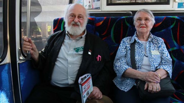 Loved by tourists ... Lee Gordon from Montana, USA and Helen Martin, retired from Westleigh, ride the monorail.