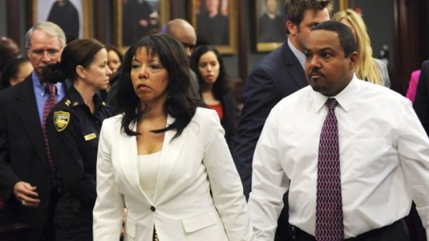 Jordan Davis' mother, Lucia McBath, leaves the courtroom with her husband Curtis McBath during the trial of Michael Dunn in Jacksonville, Florida.
