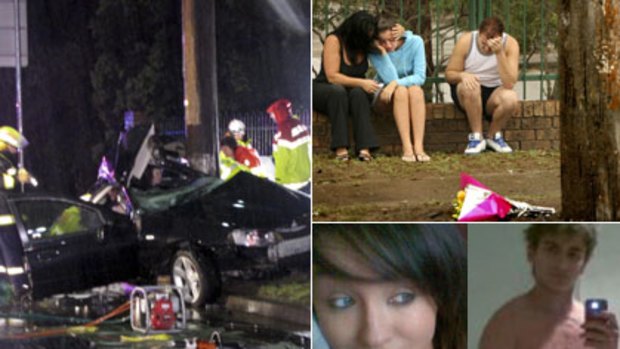 (Clockwise from top) Tragic lesson ... police have warned young drivers to reduce speed, particularly in poor weather conditions, mourning...friends grieve at the scene, Bobby Vourlis and Kelsie Coleman.