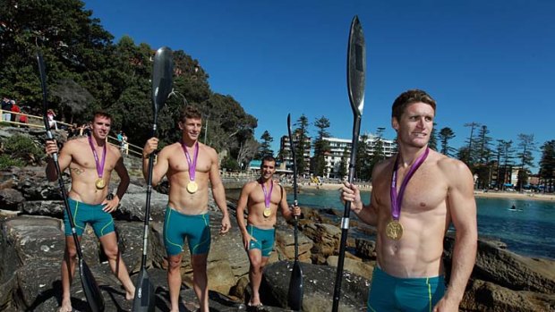 Back beachside ... the kayak golden four at South Steyne, David Smith, Tate Smith, Murray Stewart and Jacob Clear.