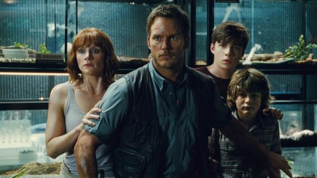 From left: Bryce Dallas Howard as Claire, Chris Pratt as Owen, Nick Robinson as Zach, and Ty Simpkins as Gray in <i>Jurassic World</i>.