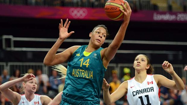 On top ... Australian center Elizabeth Cambage in the Opals' game against Canada.