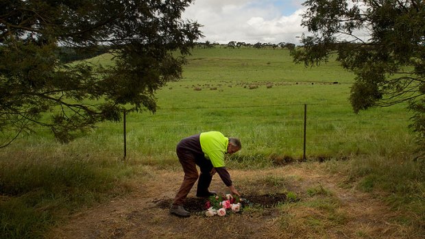 Bruce Wood tends the now-bare Jill Meagher memorial after the local council removed a granite tribute.