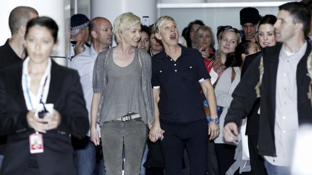 Ellen DeGeneres and Portia de Rossi arrive at Sydney Airport.