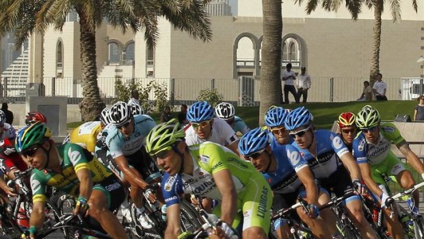 Hectic finish ... the peloton on the final day of the Tour of Qatar.