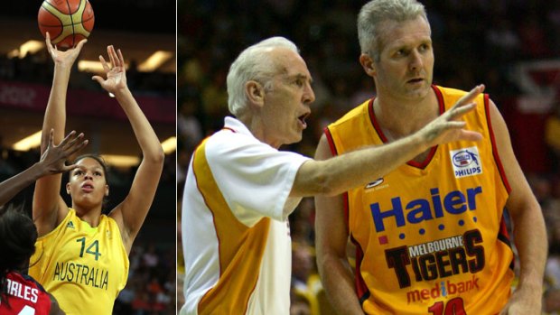 Hoops heaven ... Liz Cambage, left, and father-and-son duo Lindsay and Andrew Gaze, right.