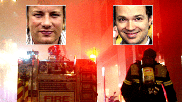Fire trucks outside Fifteen in Melbourne, Jamie Oliver (left) and Tobie Puttock.