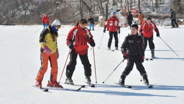 Making tracks: Novice Chinese skiers test themselves at Yabuli ski resort near Harbin.