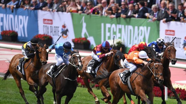 Scratched: Who Shot Thebarman gallops to victory in the Moonee Valley Gold Cup on Cox Plate day.