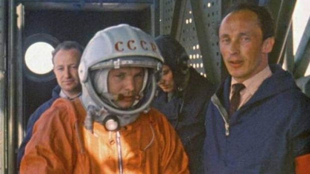Countdown: Oleg Ivanovsky, right, with Yuri Gagarin just before the launch of Vostok 1 on April 12, 1961.