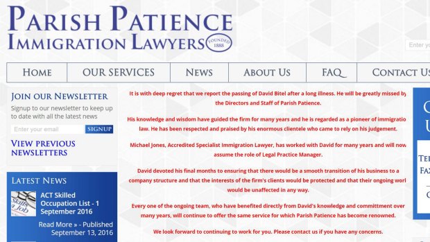 The website of Parish Patience lawyers informs clients of BItel's death.