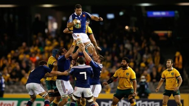 Damien Chouly wins the ball from a lineout during the second Test between the Australian Wallabies and France at Etihad Stadium.