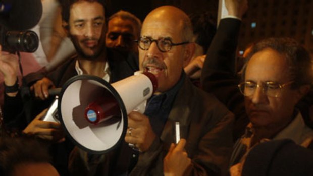Egyptian Nobel Peace laureate and democracy advocate Mohamed ElBaradei addresses the crowd at Tahrir Square in Cairo on Sunday.
