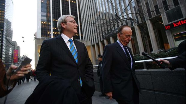 Then opposition leader Kevin Rudd pictured leaving the News Corporation building with Rupert Murdoch after a meeting in April, 2007, in New York. He visited again after being elected prime minister.