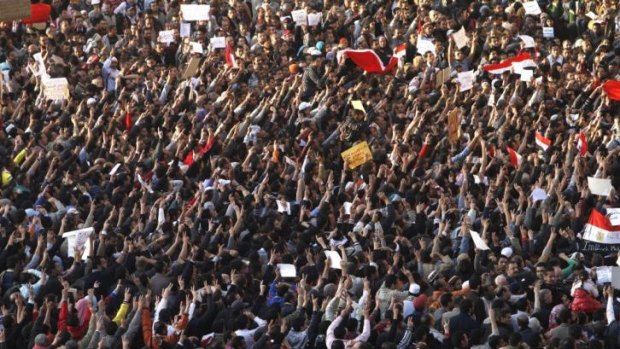 Egyptian demonstrators gather in Tahrir Square on January 31, 2011, the seventh day of protests against president Hosni Mubarak.