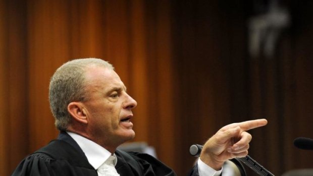State prosecutor Gerrie Nel during cross questioning of Oscar Pistorius.