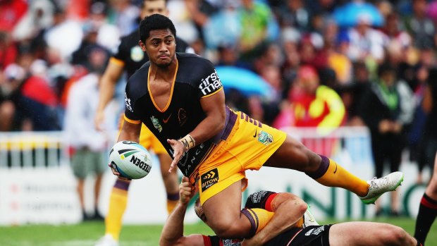 Looking to pass: Brisbane five-eighth Anthony Milford looks to pass against the New Zealand Warriors.