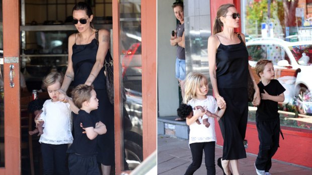 Angelina Jolie with her five-year-old twins, Knox and Vivienne, in Rose Bay.