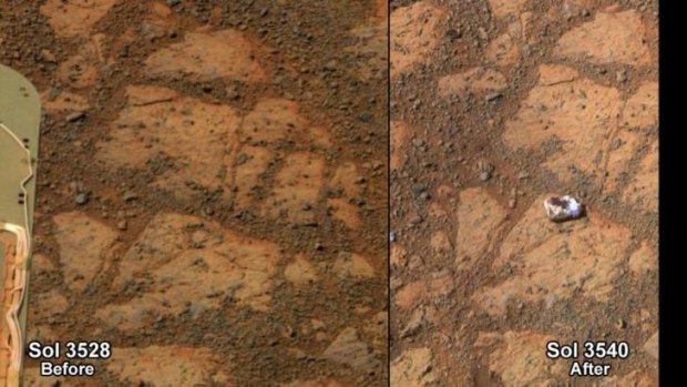 A combination photograph shows Mars on December 26, (left) and on January 8 (right) when  a doughnut-sized rock was first seen.