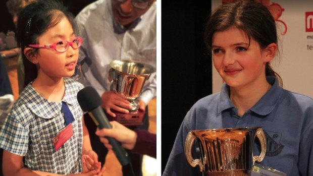 Lena Zhu, from Oatley Public School, (left) won the junior section  of the 2017 NSW Premier's Spelling Bee.